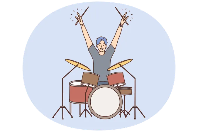 Man drummer member of youth rock band raise hands up starting concert  Illustration