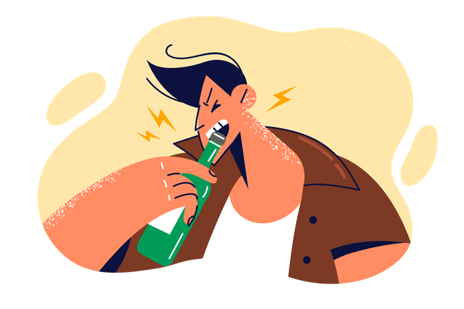 Man drunkard opens bottle beer with teeth and leads asocial lifestyle by abusing alcoholic beverages  Illustration