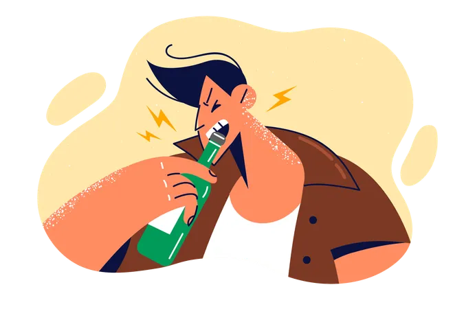 Man drunkard opens bottle beer with teeth and leads asocial lifestyle by abusing alcoholic beverages  Illustration