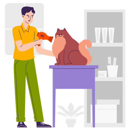 Man Drying Fur using dryer machine  Illustration