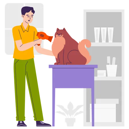 Man Drying Fur using dryer machine  Illustration