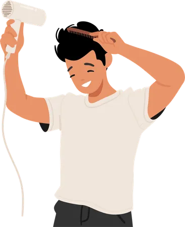 Meticulous Man Character Crafting His Style Deftly Wielding A Comb And Dryer Sculpting A Polished Hairstyle Embracing The Artistry Of Refined Male Beauty Routine Cartoon People Vector Illustration Illustration