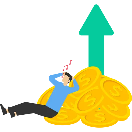 People Relaxing In Front Of Gold Coins Earn Save And Invest Cash Illustration