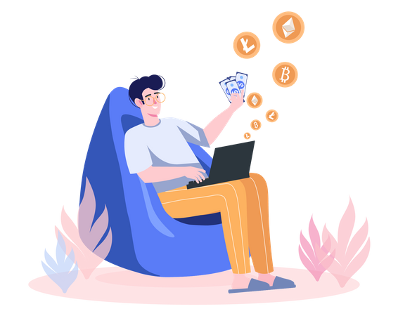 Man earns money in crypto  Illustration