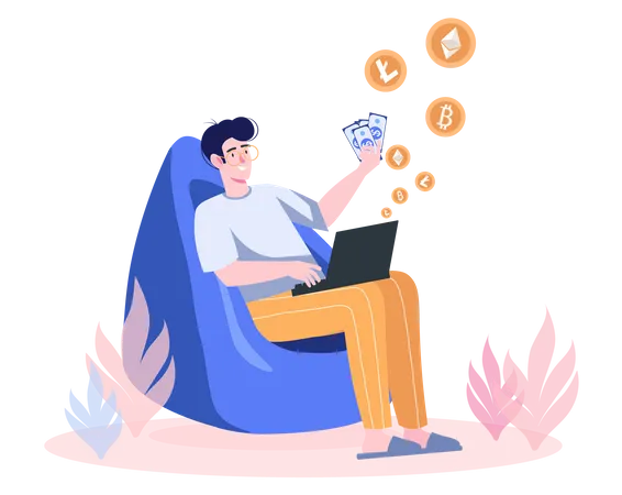 Man earns money in crypto  Illustration