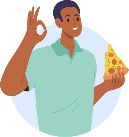 Man eating delicious italian pizza gesturing ok sign  Illustration