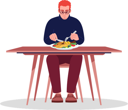 Man Eating Fish With Knife And Fork Illustration