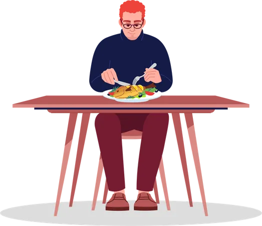 Man Eating Fish With Knife And Fork Illustration
