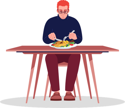 Man Eating Fish With Knife And Fork  Illustration