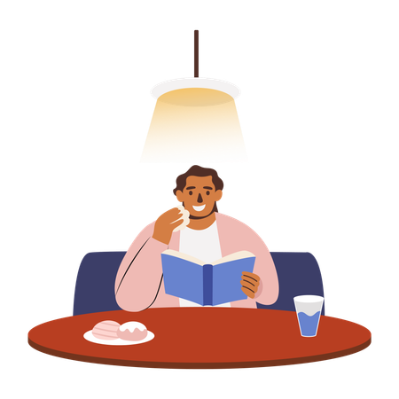 Man eating food inside restaurant while reading book  Illustration