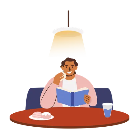 Man eating food inside restaurant while reading book  Illustration