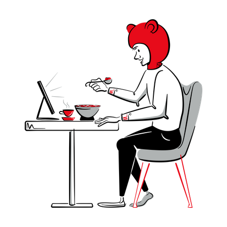 Man eating food while watching smartphone Illustration