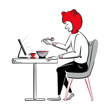 Man eating food while watching smartphone  Illustration