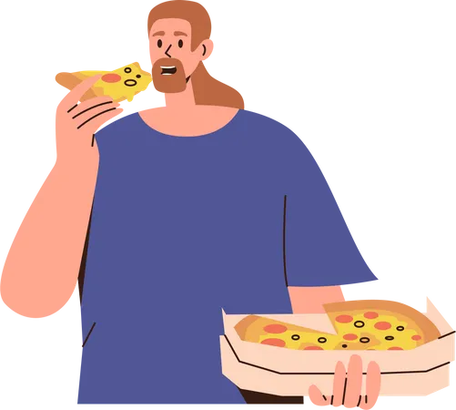 Man eating fresh Italian pizza from box  Illustration
