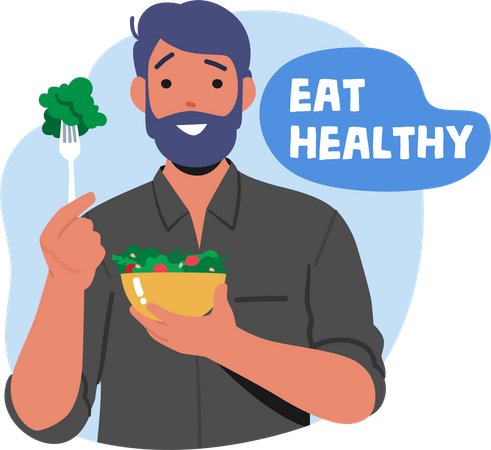 Man eating healthy green salad  Illustration