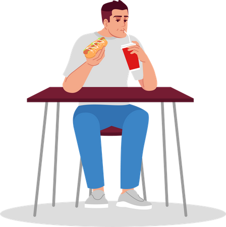 Man Eating Hot Dog With Carbonated Drink Illustration