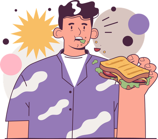 Man eating junk food suffers from digestive issues  イラスト