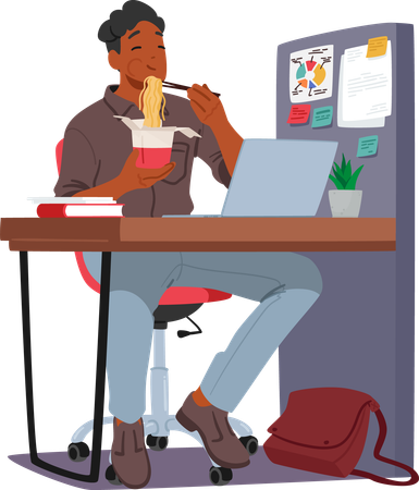 Man eating noodle at Workplace  Illustration