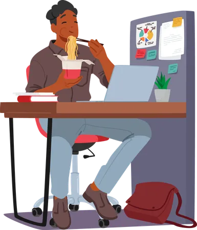 Man Enjoys A Quiet Workplace Meal Male Character Savoring Flavors Amidst The Hum Of Productivity A Brief Respite Nourishing Body And Mind Amid The Daily Grind Cartoon People Vector Illustration Illustration
