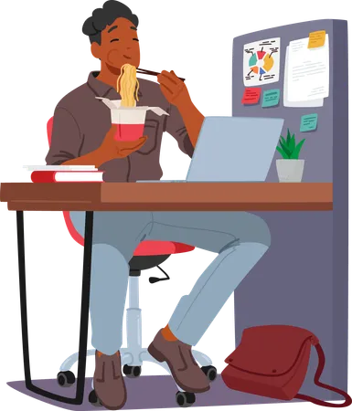 Man eating noodle at Workplace  Illustration