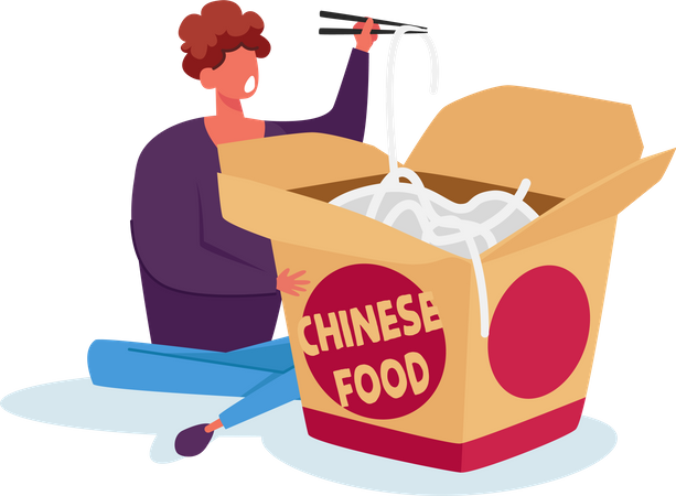 Man eating noodles from chinese food store  Illustration