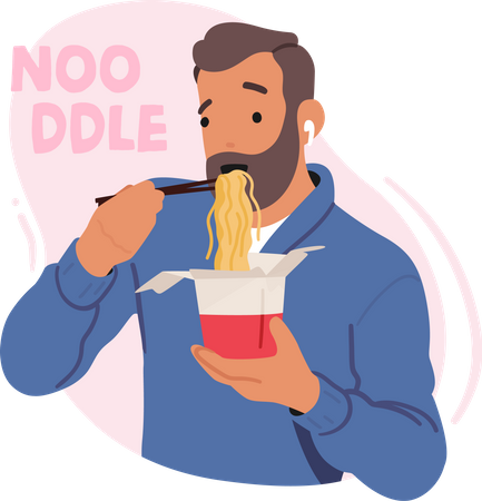 Man eating noodles from take-out box  イラスト