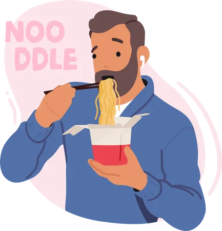 Man eating noodles from take-out box  Illustration