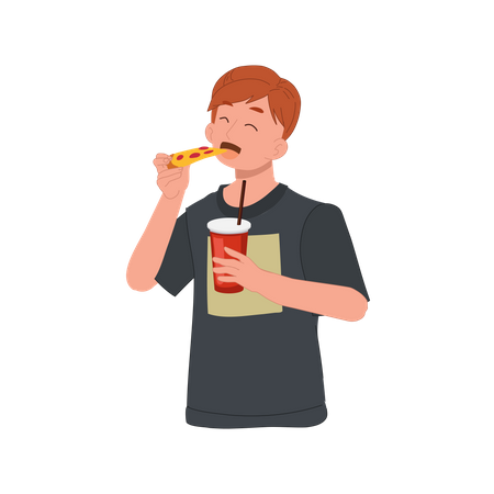 Man eating pizza and holding glass of soft drink  Illustration