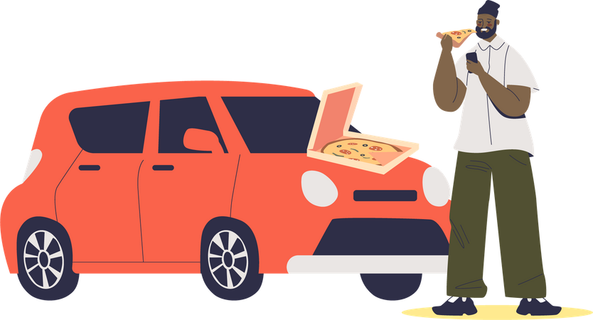 Man eating pizza at car hood Illustration