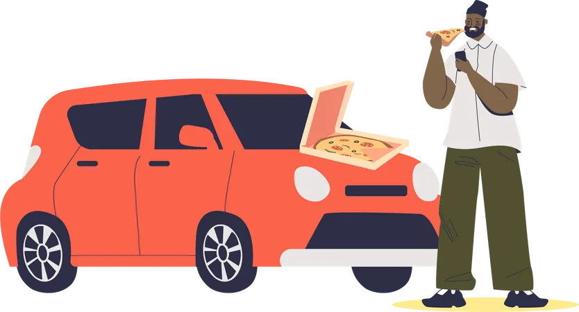 Man eating pizza at car hood Illustration