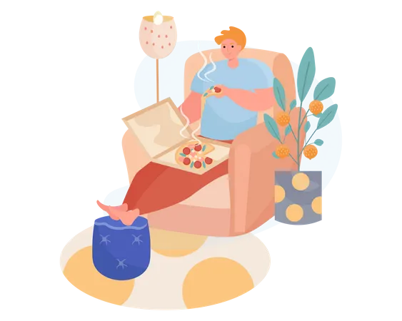 Man eating pizza on sofa  Illustration