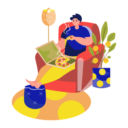 Man eating pizza while sitting in chair in living room Illustration