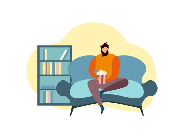 Man eating popcorn while seating on couch  Illustration