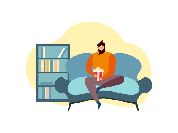 Man eating popcorn while seating on couch  Illustration