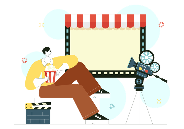 Man eating popcorn while watching movie  Illustration