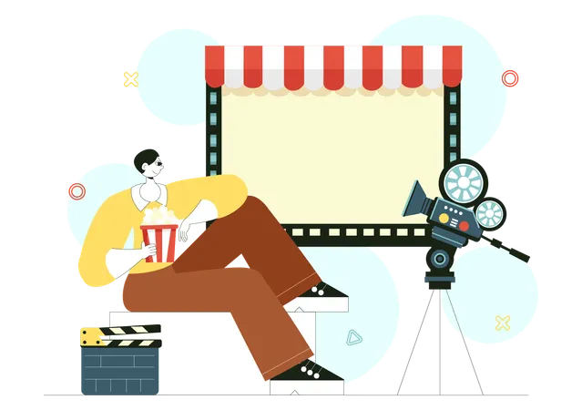 Man eating popcorn while watching movie  Illustration