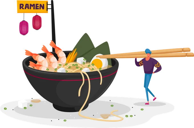 Man Holding Huge Wooden Chopsticks In Chinese Fast Food Restaurant Standing At Bowl With Ramen Noodles Male Character In Asian Cafe Traditional Fastfood Lunch Meal Cartoon Vector Illustration 일러스트레이션