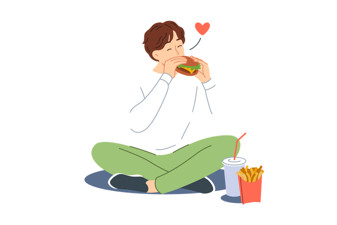 Man eats hamburger with sausage and cheese sitting on floor and enjoying taste of fast food  Illustration