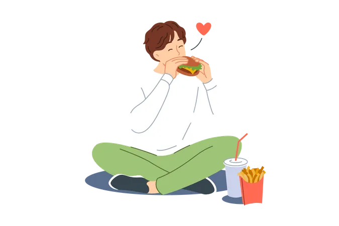 Man eats hamburger with sausage and cheese sitting on floor and enjoying taste of fast food  Illustration