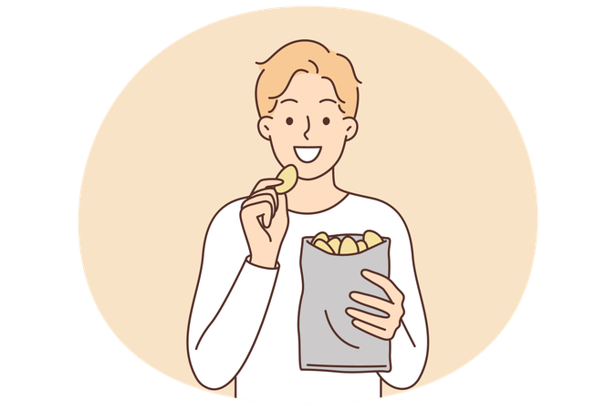 Man eats potato chips enjoying crispy high-calorie snack that quickly satisfies hunger  Illustration