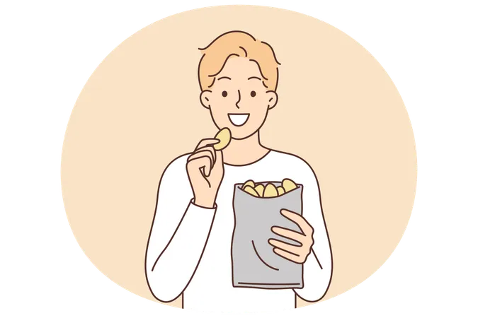 Man eats potato chips enjoying crispy high-calorie snack that quickly satisfies hunger  Illustration