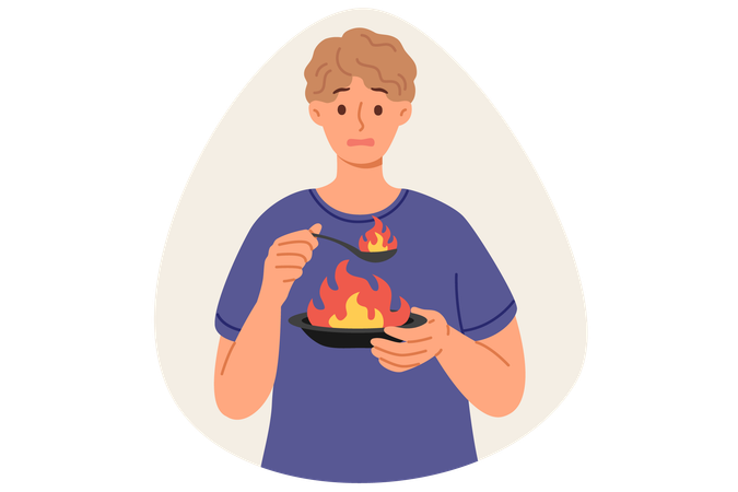 Man eats very spicy food, causing burning sensation in mouth holding plate and spoon with flame  イラスト