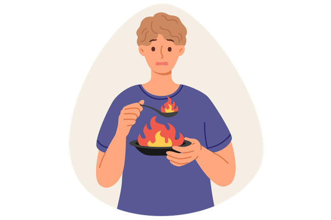 Man eats very spicy food, causing burning sensation in mouth holding plate and spoon with flame  Illustration
