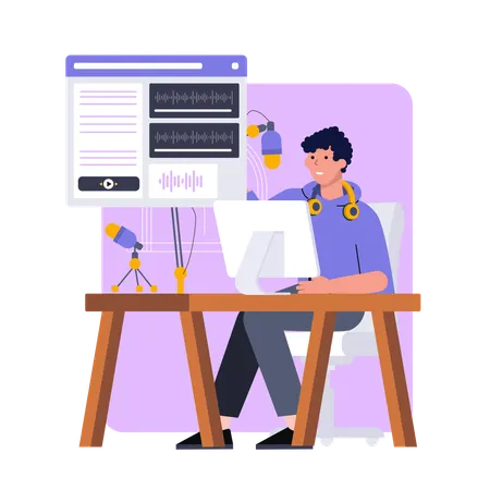 ポッドキャストを編集する男性  イラスト