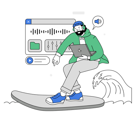 Man editing podcast while surfing on the waves  イラスト