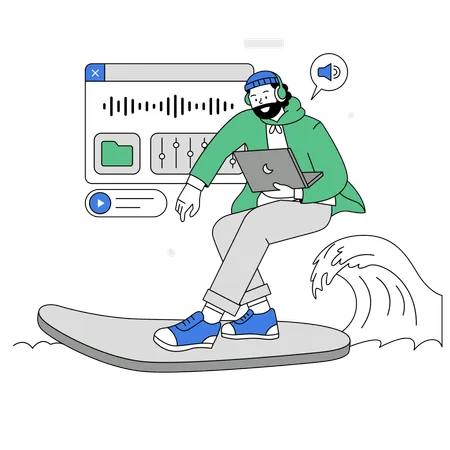 Man editing podcast while surfing on the waves  일러스트레이션