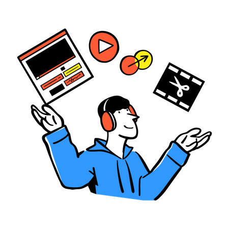 ビデオコンテンツを編集する男性  イラスト