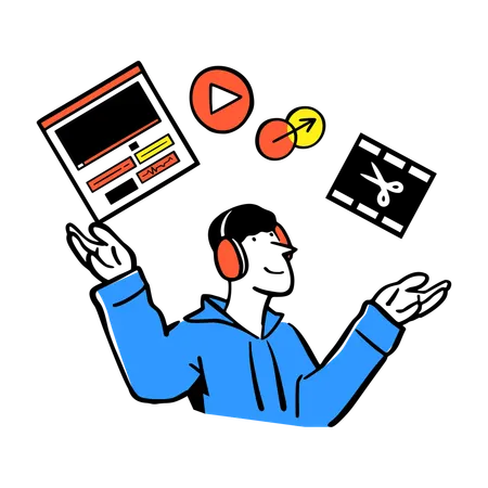 ビデオコンテンツを編集する男性  イラスト