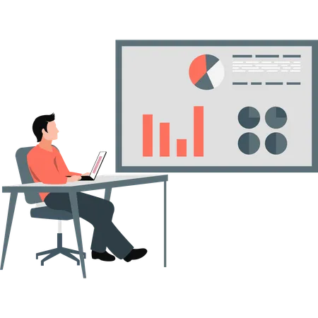 L'uomo modifica i grafici a torta nel diagramma grafico  Illustration