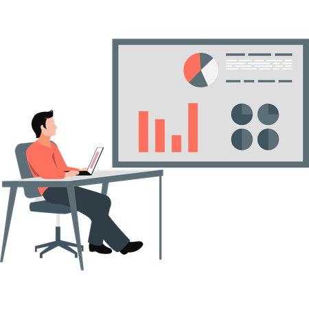 Man edits pie graphs in graphical diagram  Illustration